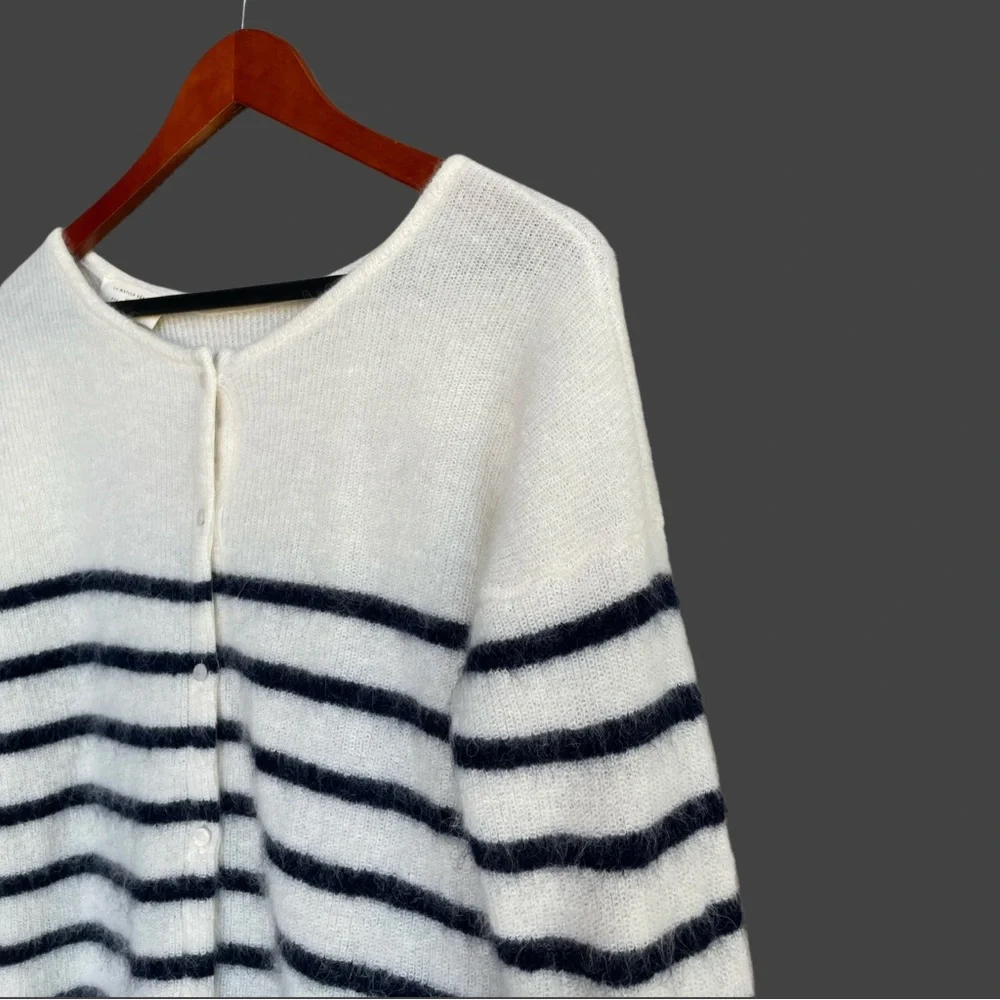 SEZANE Cream Navy Striped Mohair Alpaca Wool Reversible Gaspard Cardigan Sweater - Picture 7 of 17